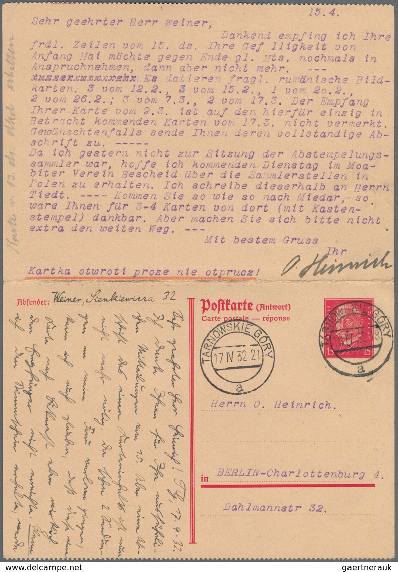 Deutsches Reich - Ganzsachen: 1932. Doppelkarte 15+15 Pf Karmin Reichspräsidenten, Karten Je Unten G - Sonstige & Ohne Zuordnung