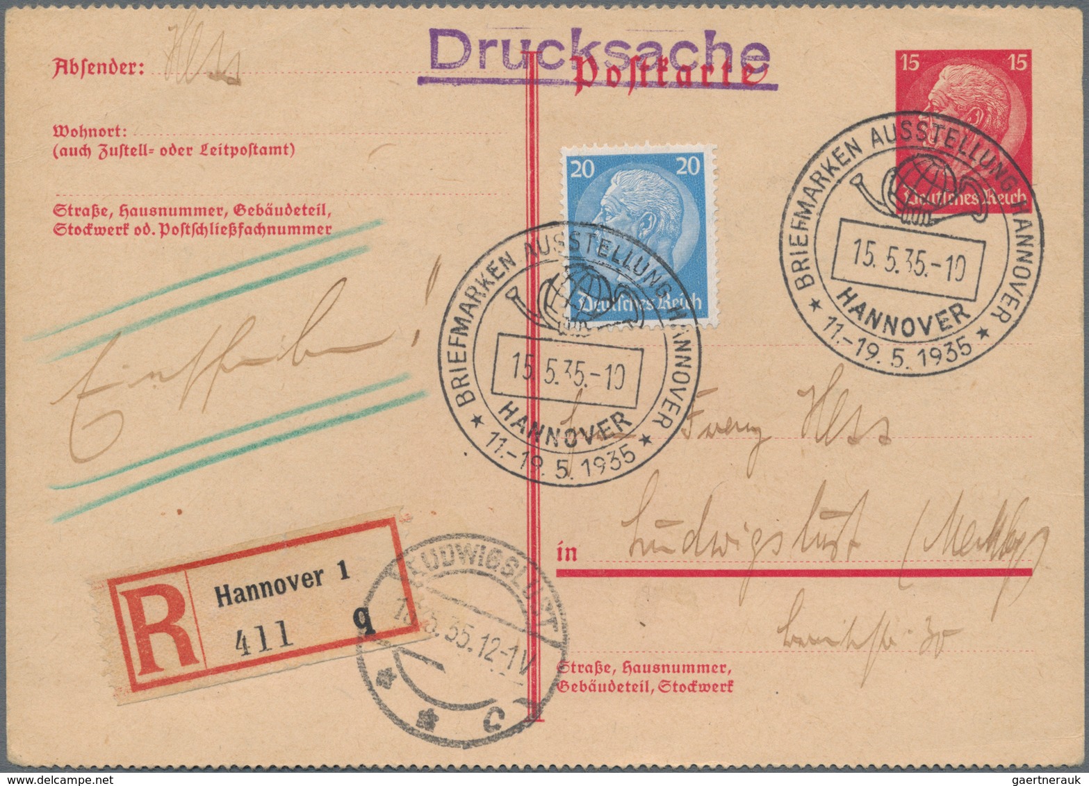 Deutsches Reich - Ganzsachen: 1935, Gebrauchte Gezähnte Ganzsachenpostkarte Wst. Hindenburg 15 (Pf) - Other & Unclassified