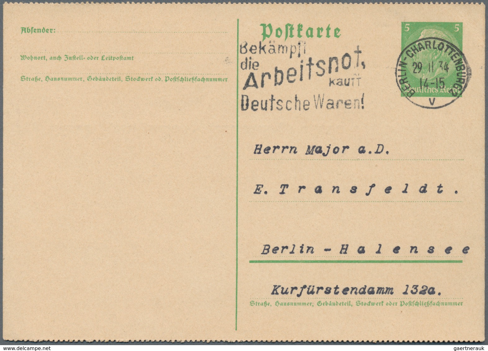 Deutsches Reich - Ganzsachen: 1934. Postkarte 5 Pf Hellgrün Hindenburg, Unten Und Oben Gezähnt. Beda - Other & Unclassified