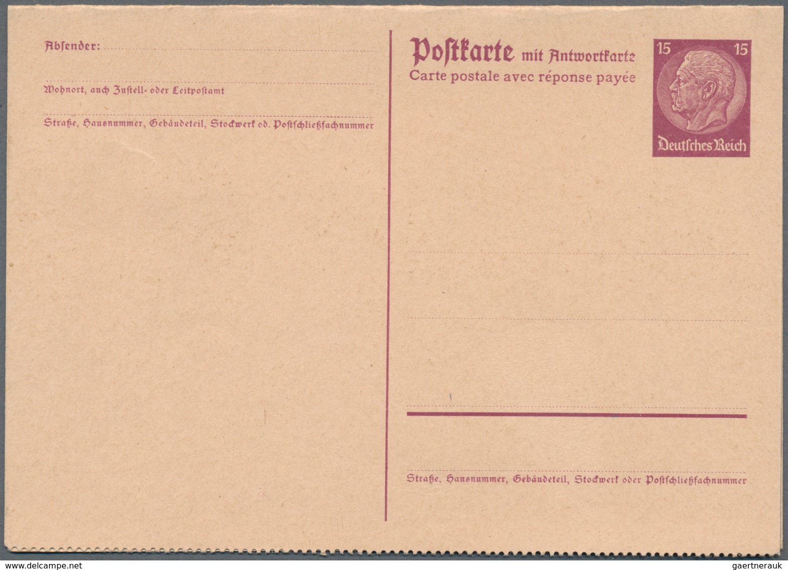 Deutsches Reich - Ganzsachen: 1933/1934. Doppelkarte 15+15 Pf Bräunlichlila Hindenburg, Frageteil Un - Sonstige & Ohne Zuordnung