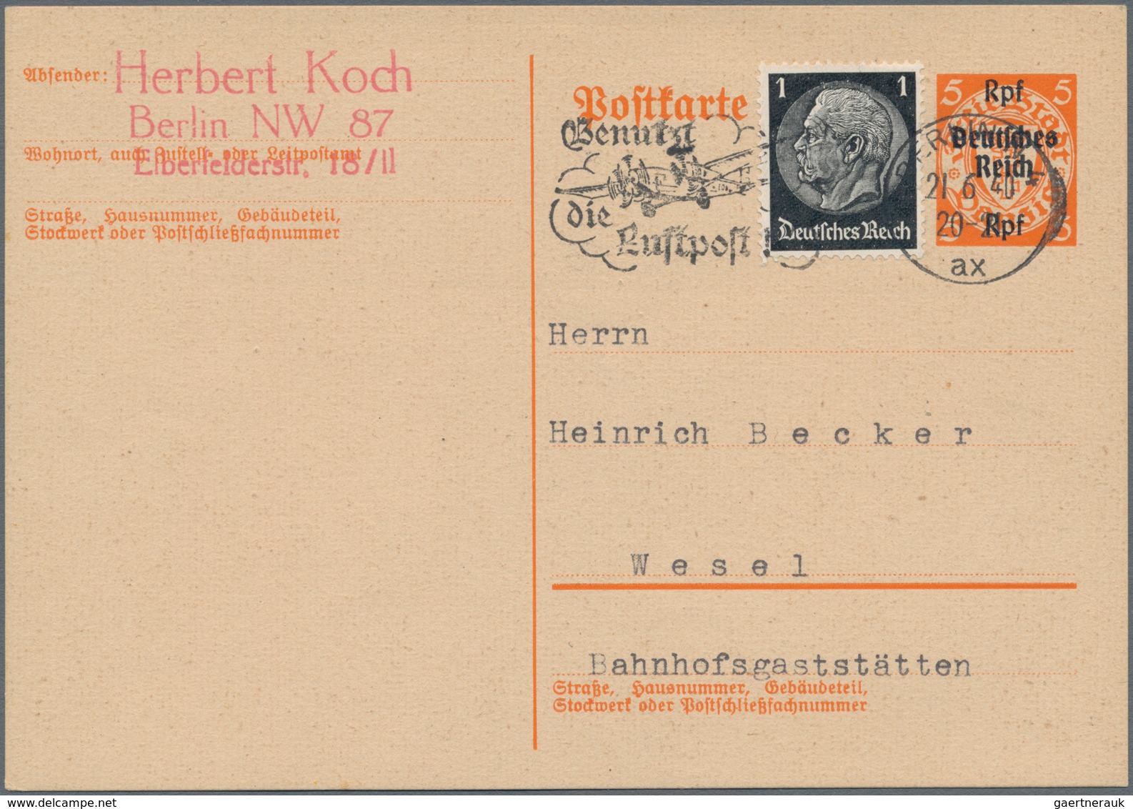 Deutsches Reich - Ganzsachen: 1940, Bedarfs- Und Portogerechte Verwendung Der Ganzsachenkarte Wst. W - Other & Unclassified