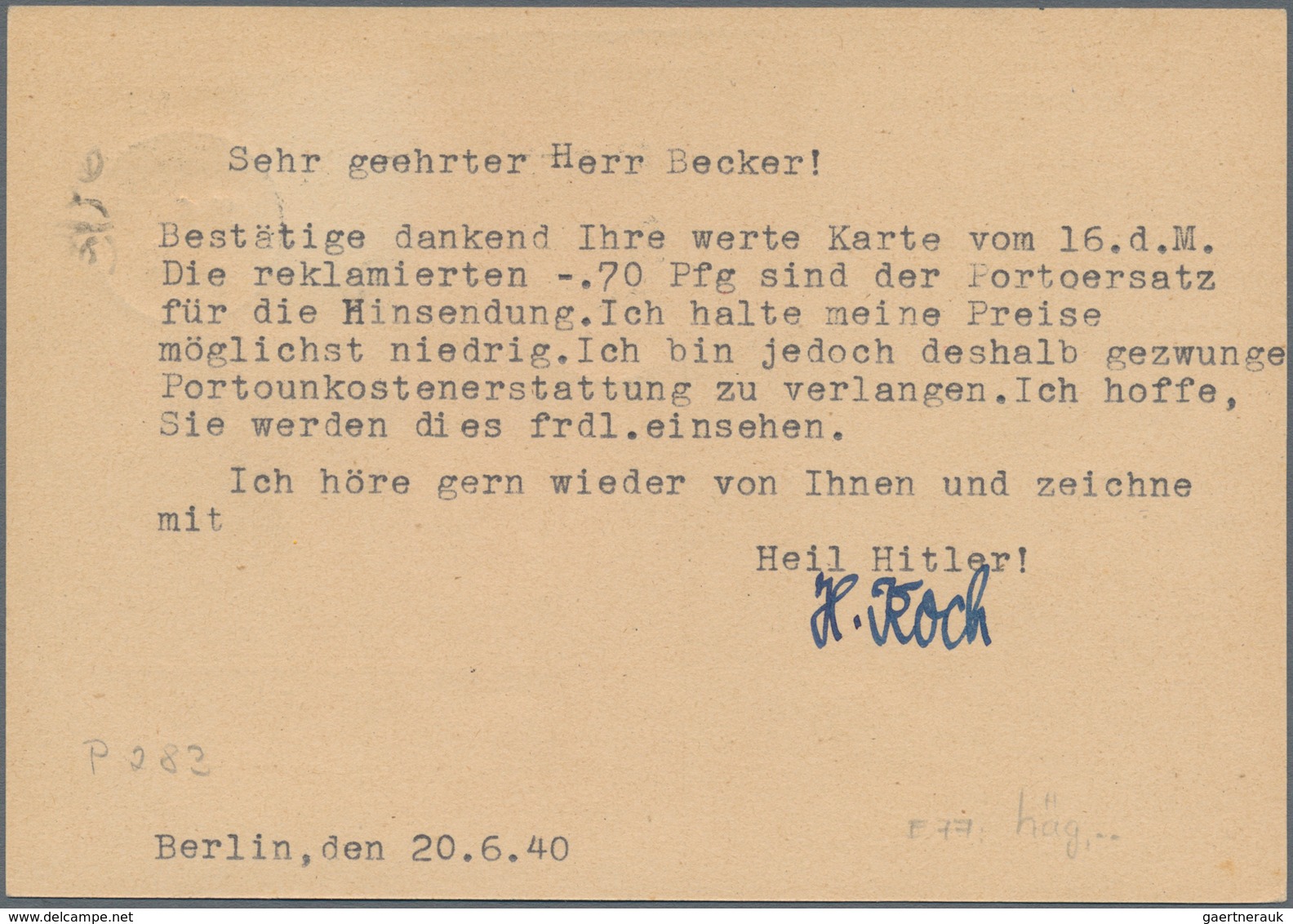 Deutsches Reich - Ganzsachen: 1940, Bedarfs- Und Portogerechte Verwendung Der Ganzsachenkarte Wst. W - Sonstige & Ohne Zuordnung