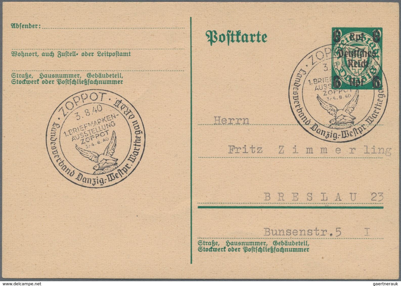 Deutsches Reich - Ganzsachen: 1939/40, fünf gebrauchte Ganzsachenpostkarten Wst. Wappen von Danzig m