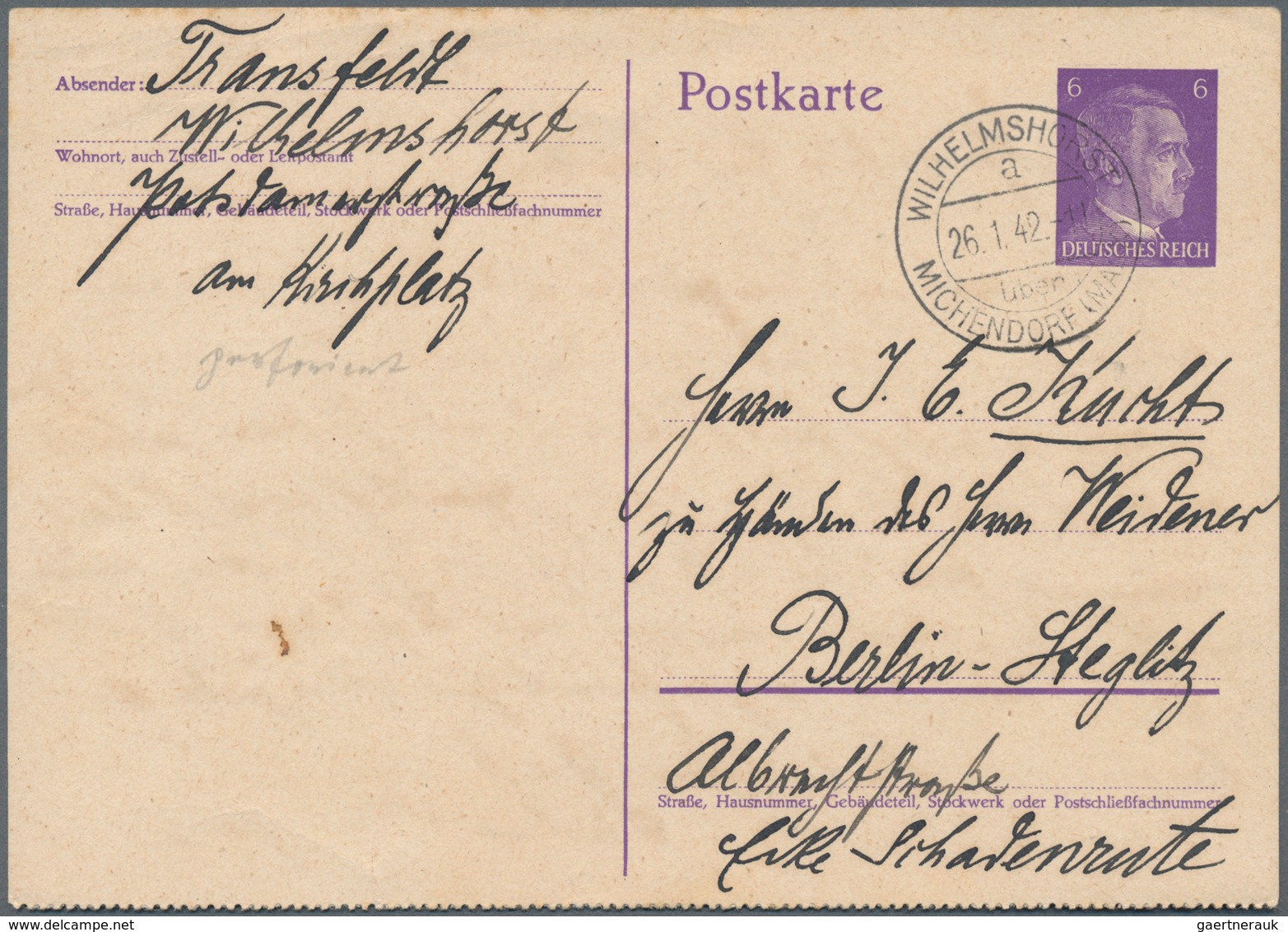 Deutsches Reich - Ganzsachen: 1942. Postkarte 6 Pf Violett Hitler, Nur Unten Gezähnt. Bedarfsgebrauc - Sonstige & Ohne Zuordnung