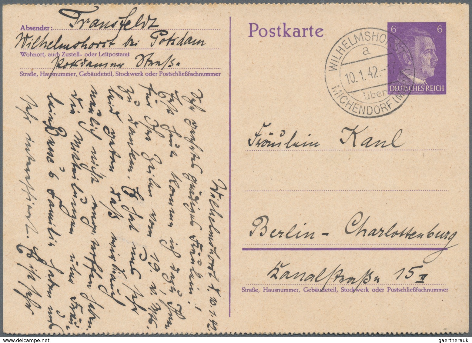 Deutsches Reich - Ganzsachen: 1942. Postkarte 6 Pf Violett Hitler, Oben Und Unten Gezähnt. Bedarfsge - Sonstige & Ohne Zuordnung