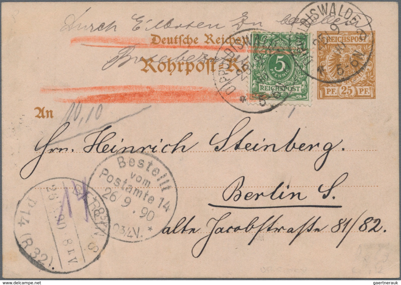 Deutsches Reich - Ganzsachen: 1890, 25 Pf Braun Krone/Adler Rohrpost-Ganzsachenkarte Mit 5 Pf Grün Z - Other & Unclassified