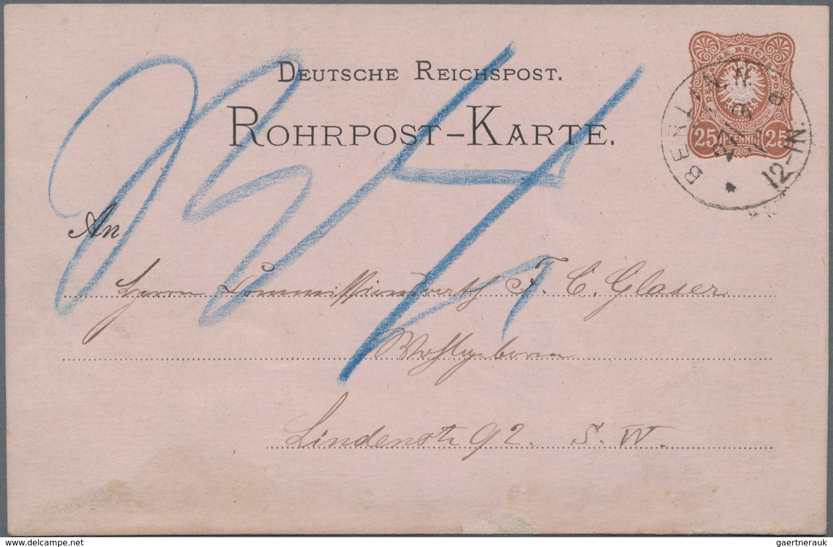 Deutsches Reich - Ganzsachen: 1876, Gebrauchte Ganzsachenpostkarte Für Die Rohrpost Wst. Kleiner Adl - Other & Unclassified