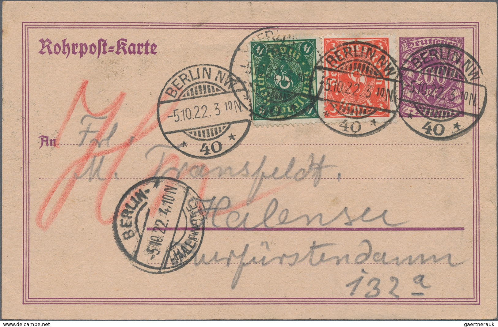 Deutsches Reich - Ganzsachen: 1922. Rohrpostkarte 200 Pf, Gebraucht Mit 3 M + 4 M Zfr. Von "Berlin N - Sonstige & Ohne Zuordnung