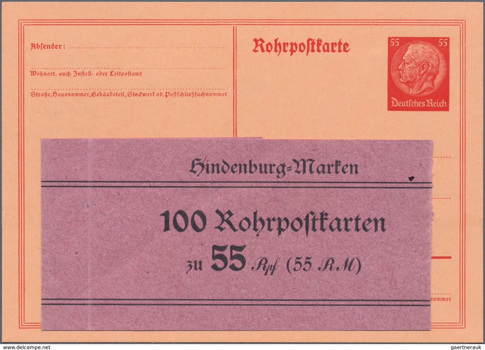 Deutsches Reich - Ganzsachen: 1934. Rohrpost-GA 55 Pf Hindenburg Mit Banderole Für 100 RP-Karten Zu - Other & Unclassified