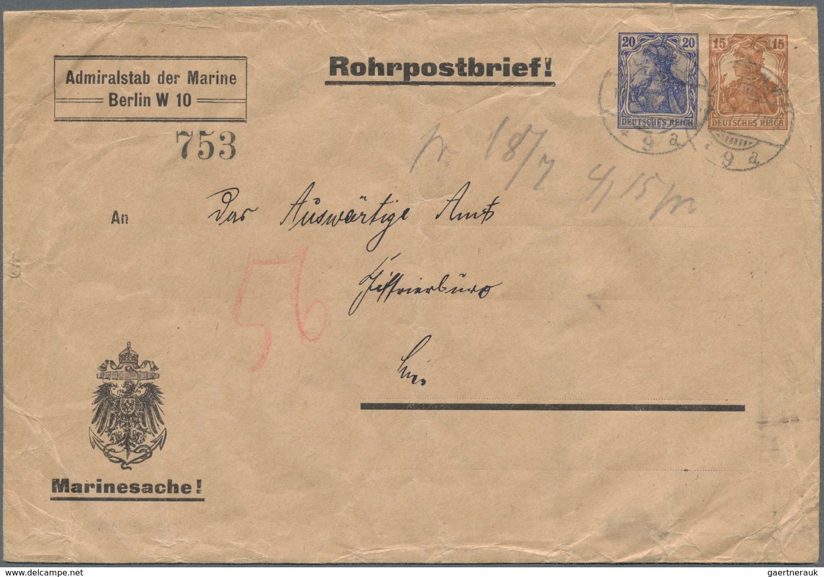 Deutsches Reich - Ganzsachen: 1917, 20 Pf Neben 15 Pf Germania Rohrpost-Ganzsachenumschlag Für Den A - Other & Unclassified