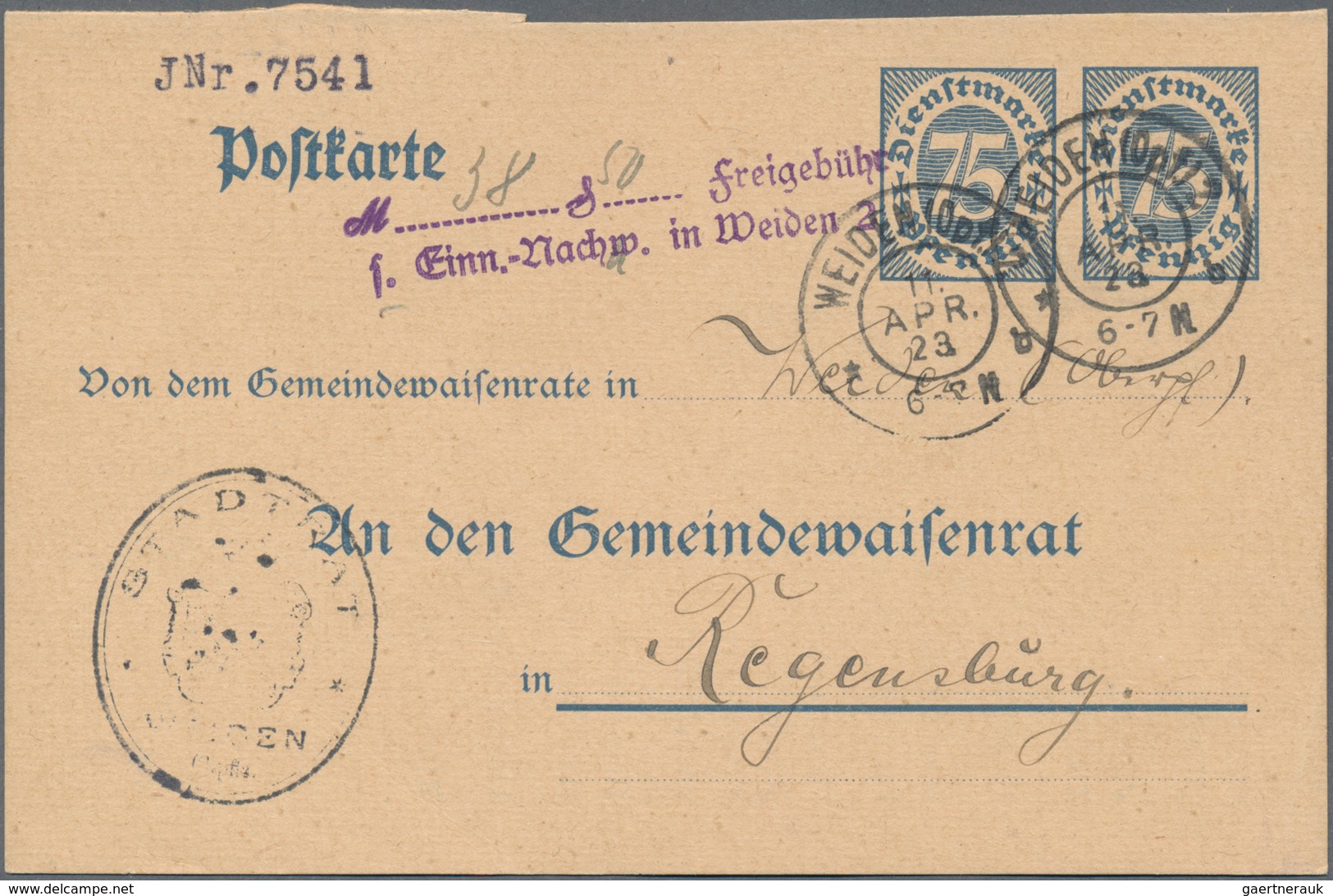 Deutsches Reich - Ganzsachen: 1923. Dienst-Postkarte 75 Pf Neben 75 Pf Blau Ziffer "Gemeindewaisenra - Sonstige & Ohne Zuordnung