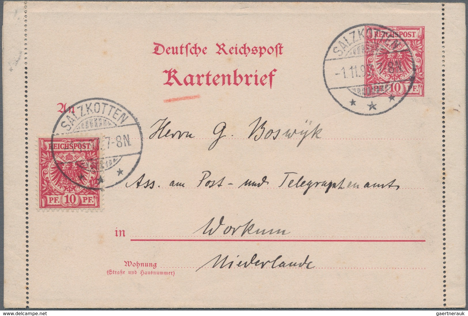 Deutsches Reich - Ganzsachen: 1897, "10 Pfg. Krone/Adler", Kartenbrief Mit Amtlicher Zusatzfrankatur - Other & Unclassified