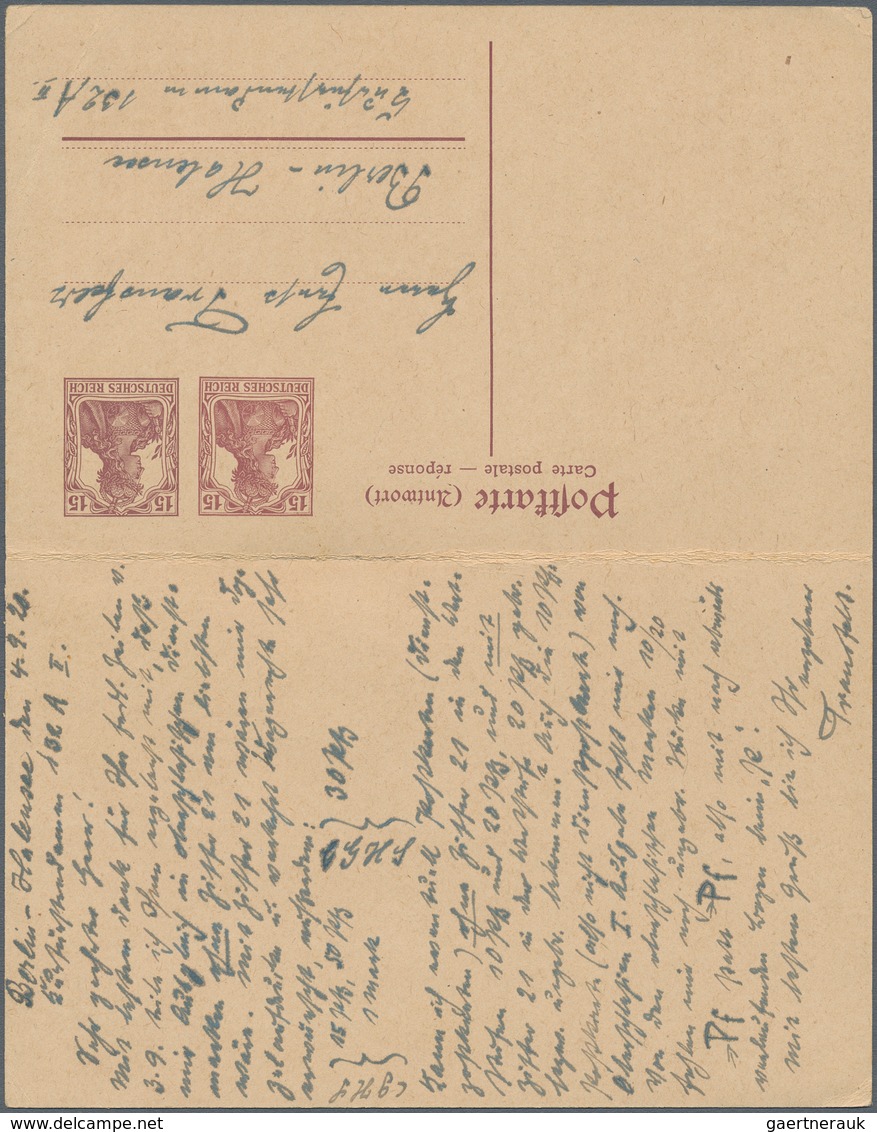 Deutsches Reich - Ganzsachen: 1920. Doppelkarte 15 Pf Neben 15 Pf Braunlila Germania / Dito. Gebrauc - Sonstige & Ohne Zuordnung