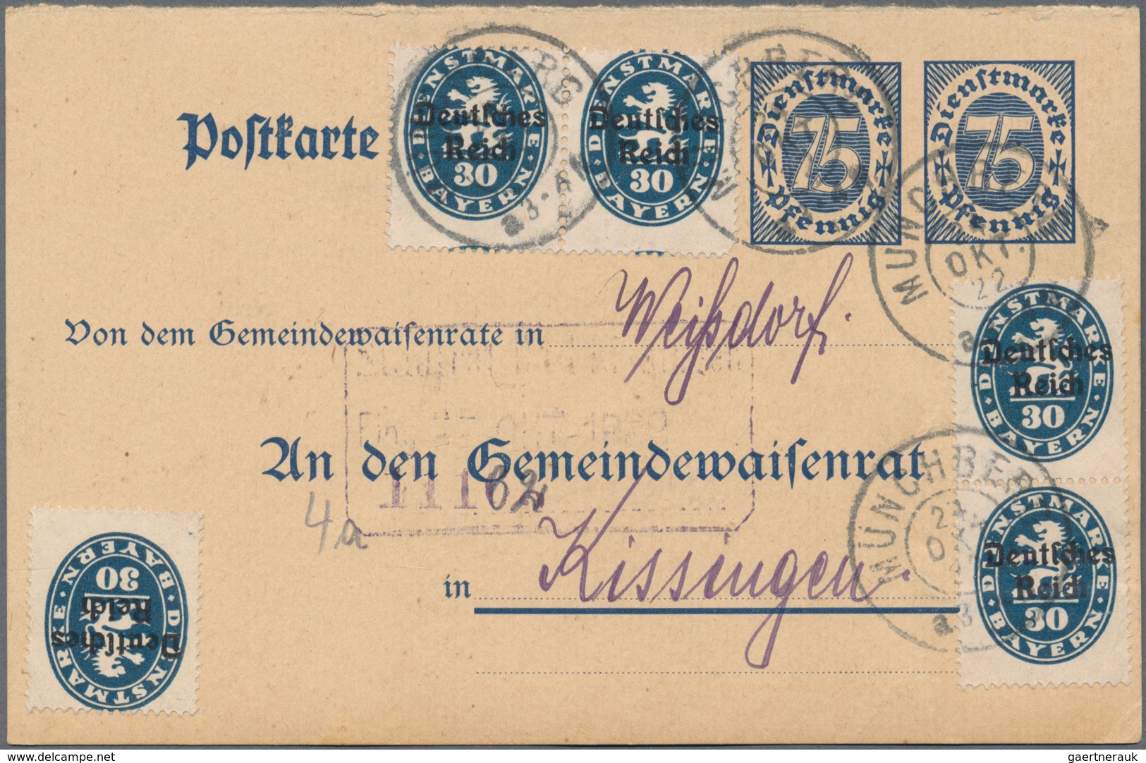 Deutsches Reich - Ganzsachen: 1922. Dienst-Postkarte 75 Pf Neben 75 Pf Blau Ziffer "Gemeindewaisenra - Sonstige & Ohne Zuordnung