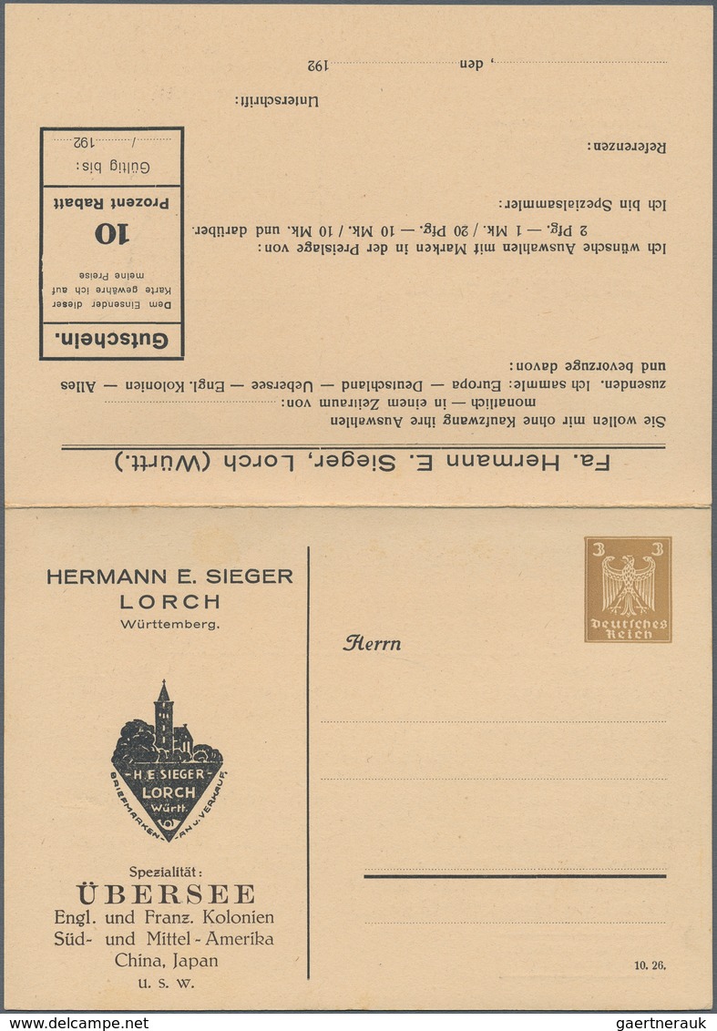 Deutsches Reich - Privatganzsachen: 1925 (ca). Doppelkarte 3+0 Pf Reichsadler "Hermann E. Sieger - Ü - Andere & Zonder Classificatie