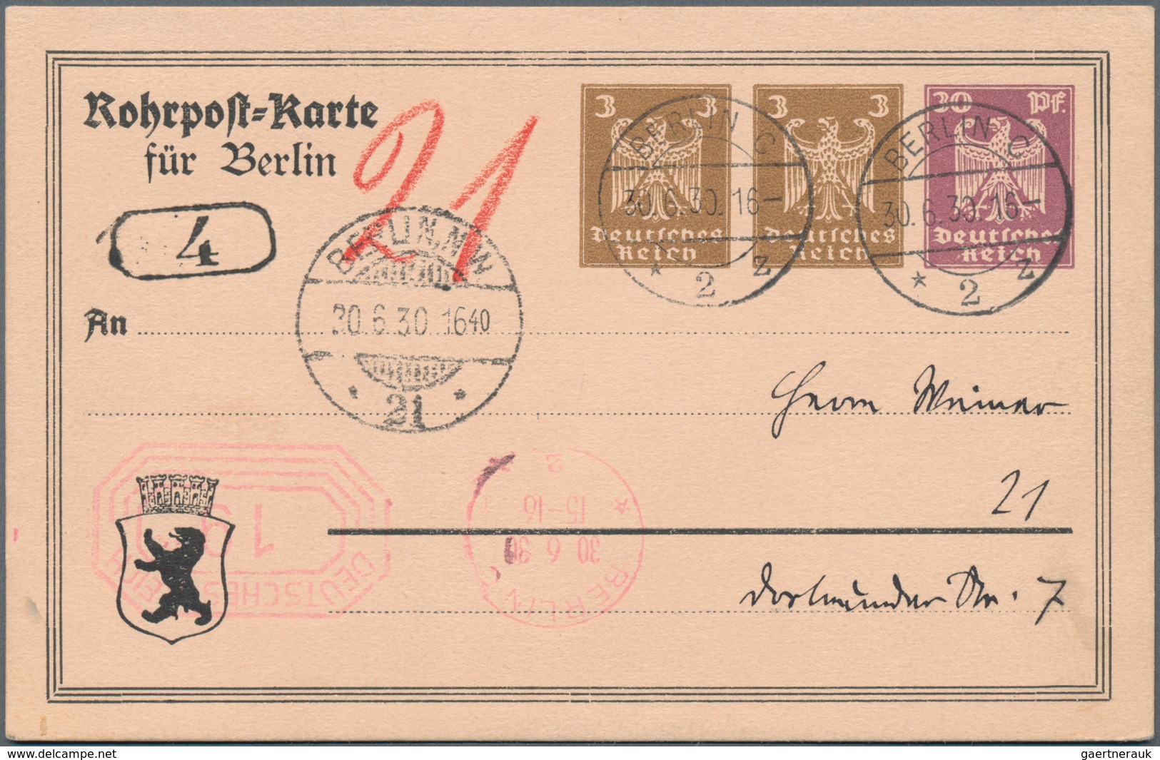 Deutsches Reich - Privatganzsachen: 1930, Gebrauchte Private Ganzsachenrohrpostkarte, Wst. Stilisier - Other & Unclassified