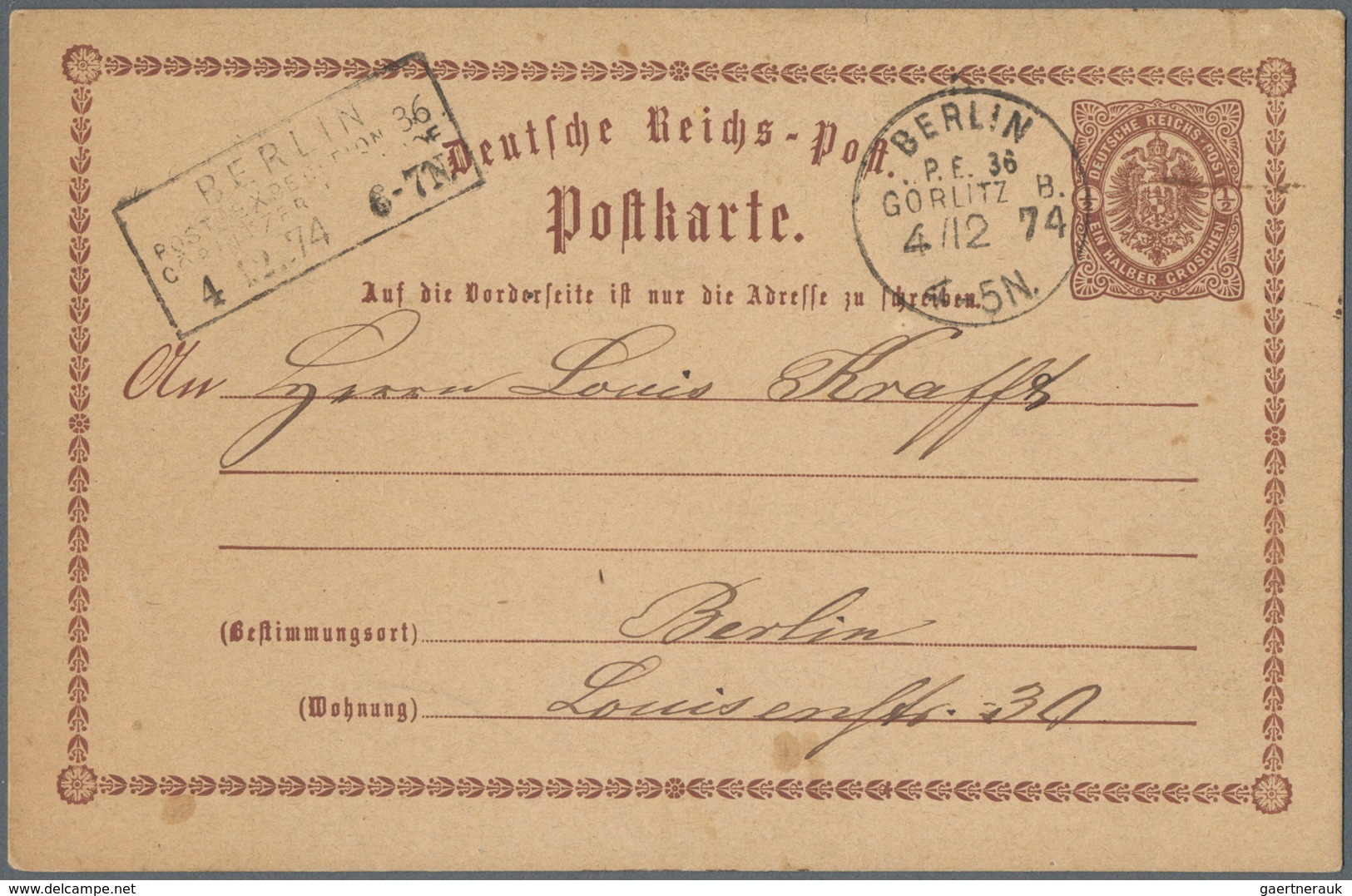 Deutsches Reich - Stempel: 1874, 1/2 Gr Ganzsachenkarte Mit K1 BERLIN/P.E.36/GÖRLITZ B., 4/12 74 4-5 - Frankeermachines (EMA)