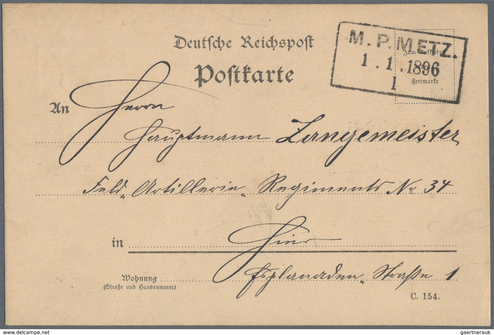 Deutsches Reich - Stempel: M.P.METZ./1.1.1896/I, Ra3 Auf Militaria Ortskarte, Rückseitig Mit Einladu - Franking Machines (EMA)