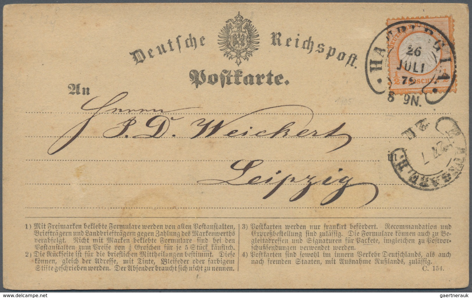 Deutsches Reich - Hufeisenstempel: 1872, Großer Schild ½ Gr. Auf Postkarte Mit Je Hufeisenst. HAMBUR - Maschinenstempel (EMA)