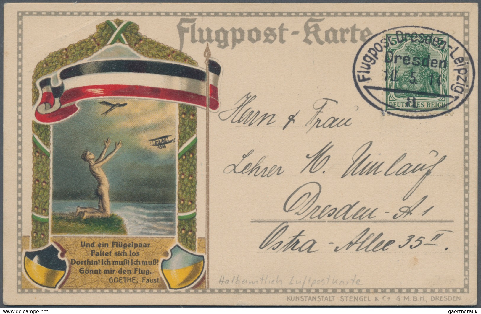 Deutsches Reich - Besonderheiten: 1914, Halbamtliche Color-Flugpostkarte Mit 5 Pf. Germania Und SST - Other & Unclassified