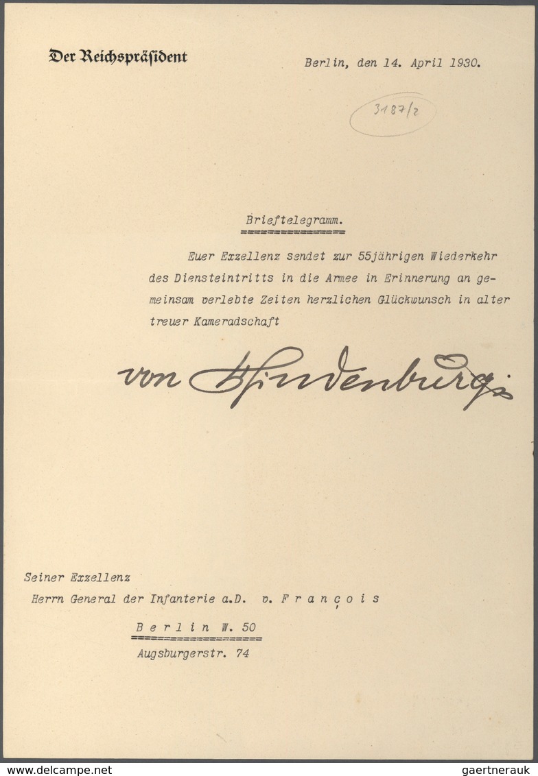 Deutsches Reich - Besonderheiten: TELEGRAMM: 1930, Brieftelegramm Des Reichspräsidenten Von Hindenbu - Sonstige & Ohne Zuordnung