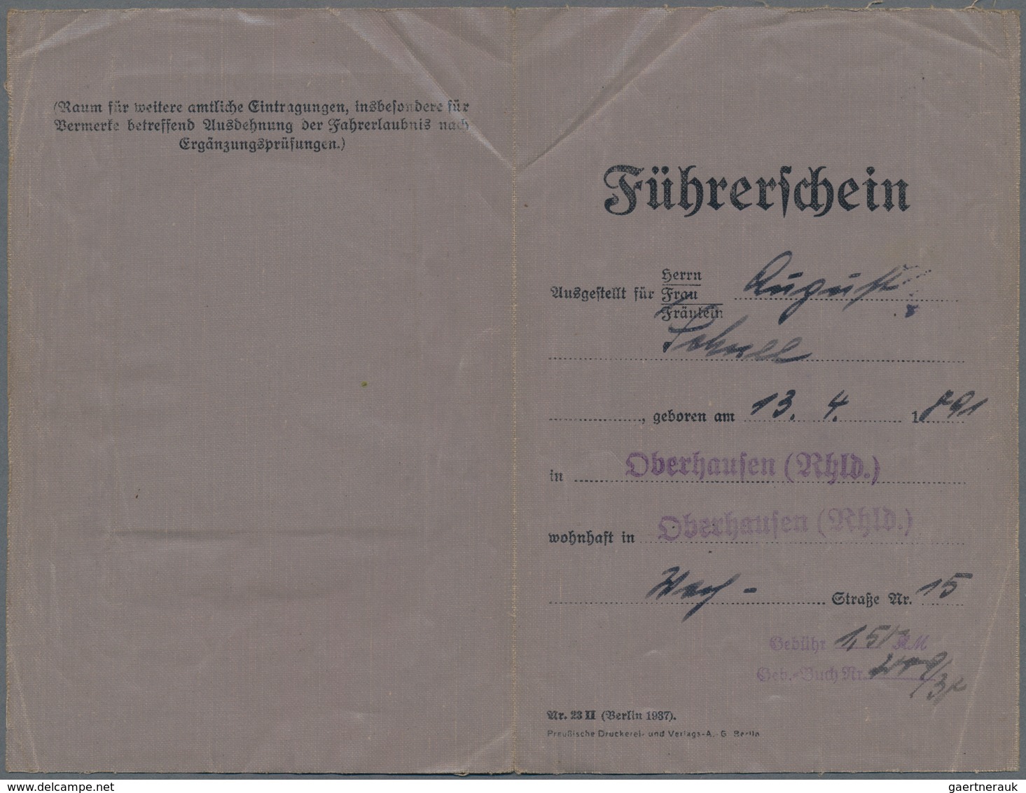 Deutsches Reich - Besonderheiten: 1938, "FÜHRERSCHEIN" Eines Mitbürgers Aus Oberhausen/Rhld. Mit Geb - Other & Unclassified