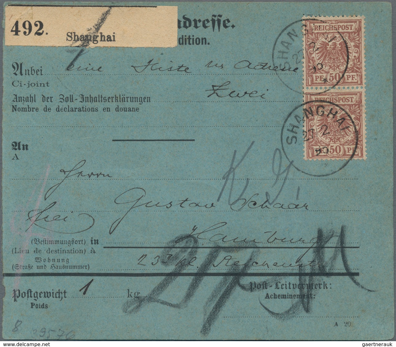 Deutsche Post In China - Vorläufer: 1895, Blaue Paketadresse Frankiert Mit Vs. Senkr.Paar 50 Pf Sowi - China (offices)
