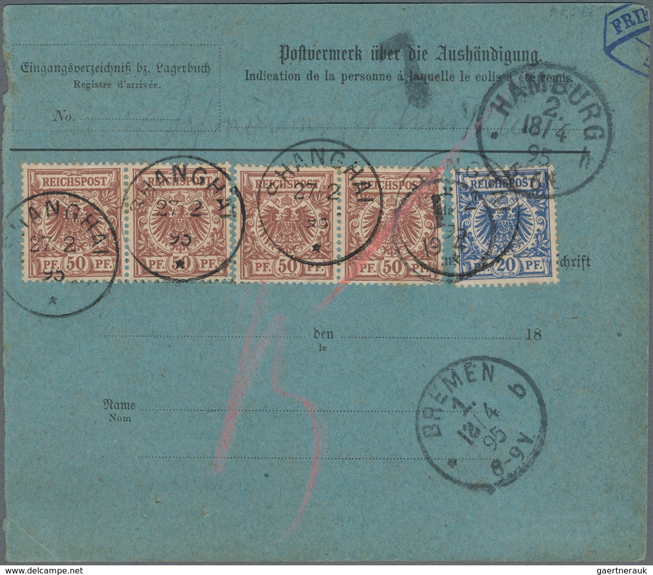 Deutsche Post In China - Vorläufer: 1895, Blaue Paketadresse Frankiert Mit Vs. Senkr.Paar 50 Pf Sowi - China (kantoren)