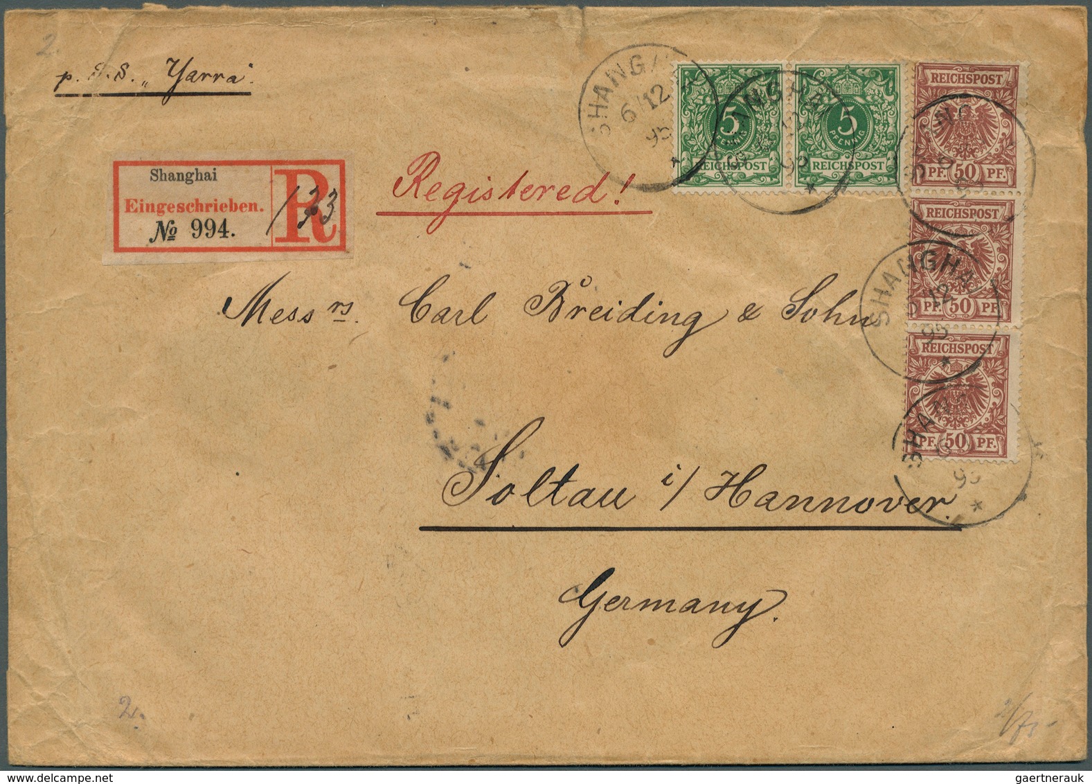 Deutsche Post In China - Vorläufer: 1890/1901, 3x50 Pf Krone/Adler U. 2x5 Pf Ziffer Als Vorläufer Au - Deutsche Post In China