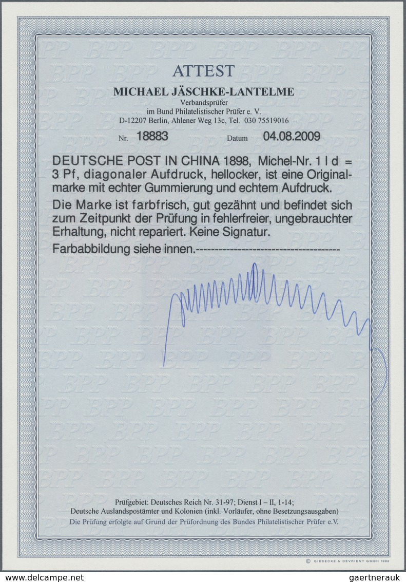 Deutsche Post In China: 1898, 3 Pfg. Diagonaler Aufdruck In Der Besseren Farbe HELLOCKER, "farbfrisc - China (kantoren)