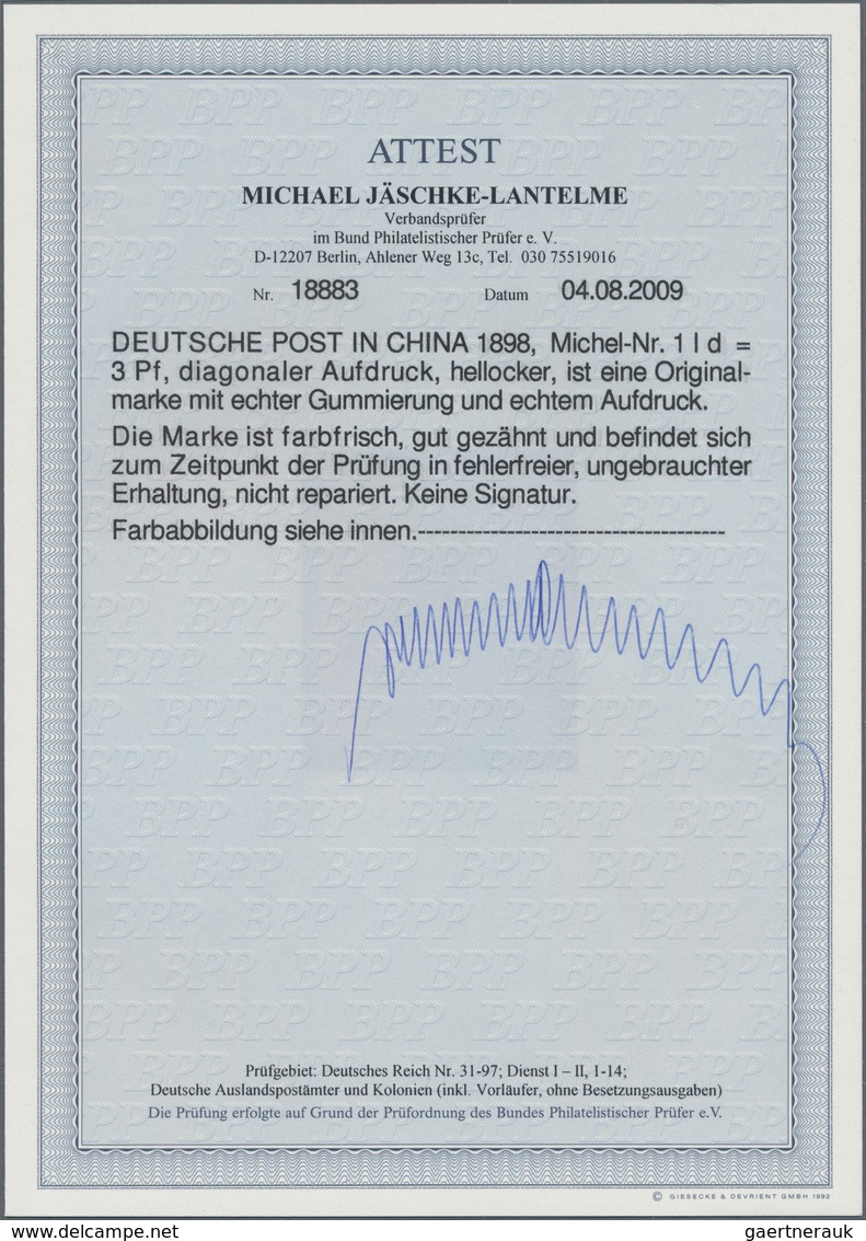Deutsche Post In China: 1898, 3 Pfg. Diagonaler Aufdruck In Der Besseren Farbe HELLOCKER, "farbfrisc - Deutsche Post In China