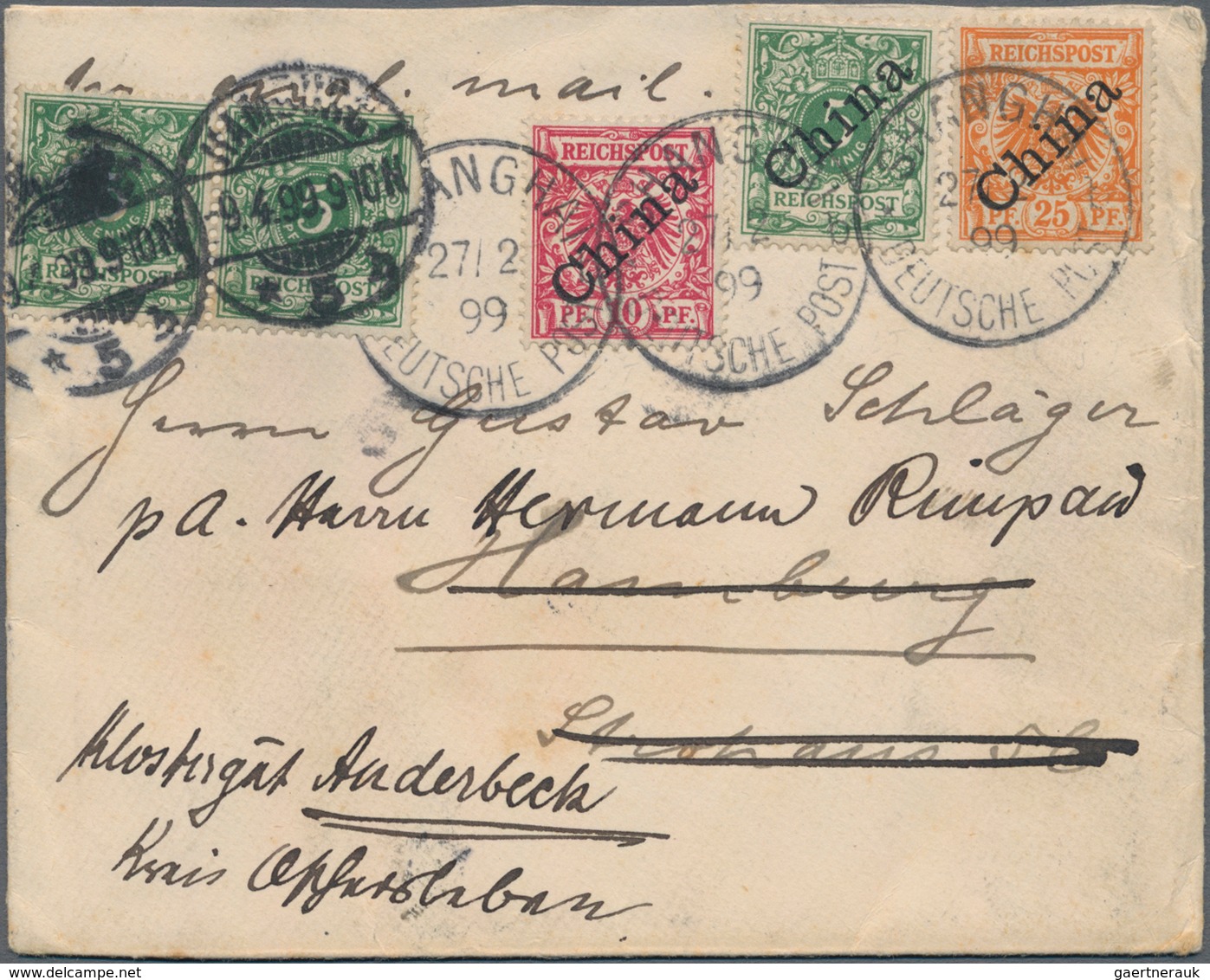 Deutsche Post In China: 1899, Brief Ab "SHANGHAI" Mit 5 Pf, 10 Pf Und 25 Pf Nach Hamburg, Dort Weite - China (offices)
