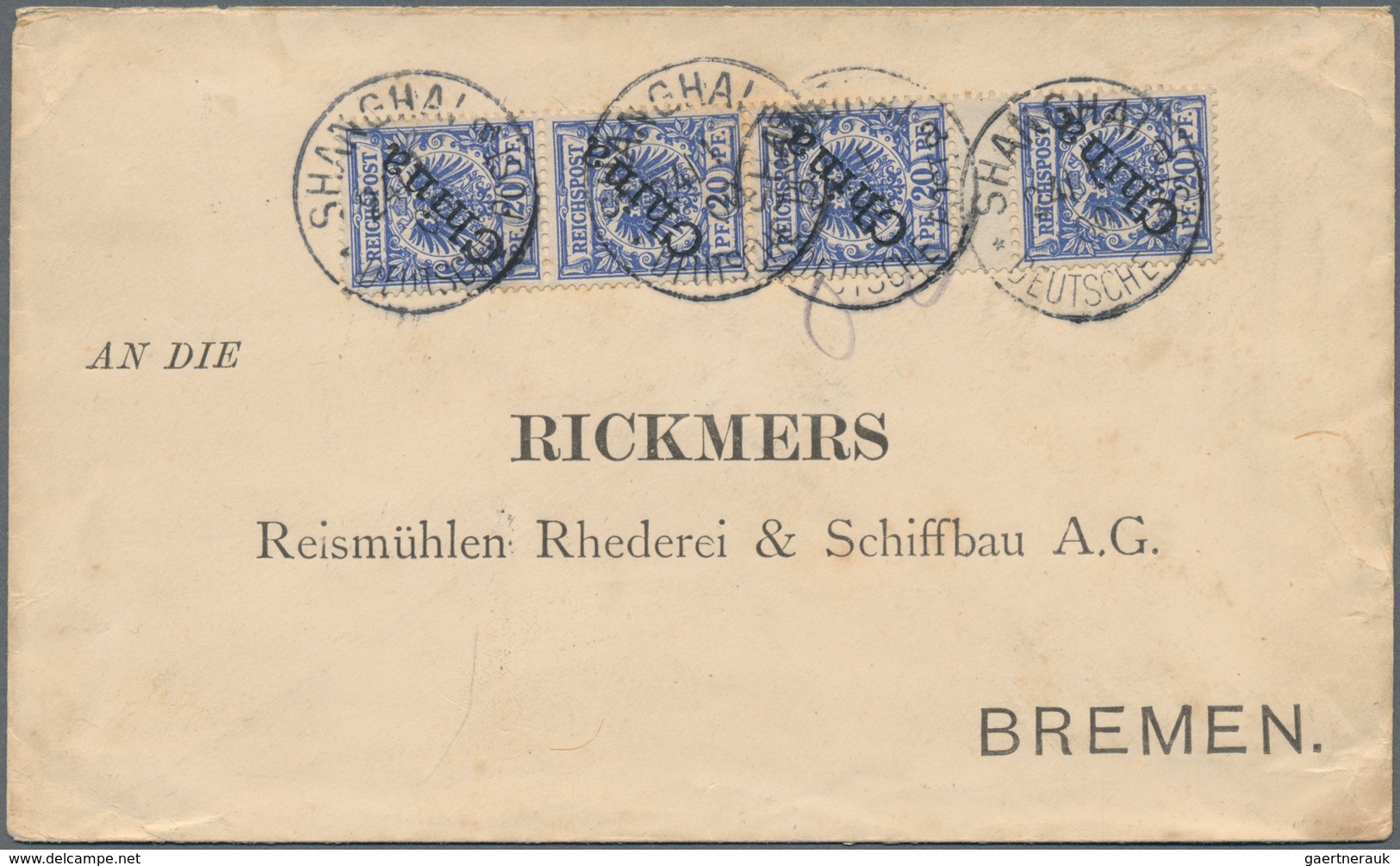 Deutsche Post In China: 1898, 20 Pf Violettultramarin Mit Diagonalem Aufdruck 'China', Senkrechter 4 - China (kantoren)