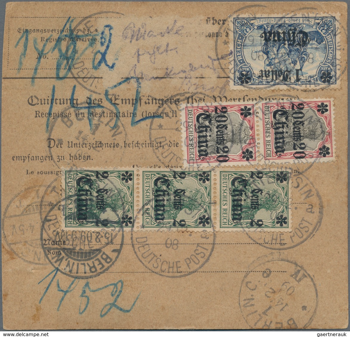 Deutsche Post In China: 1908, Selt. Wertpaketkarte Frank. Mit 3x 2 C. Grün, 2x 20 C. Und 1x 1 $ Auf - China (kantoren)