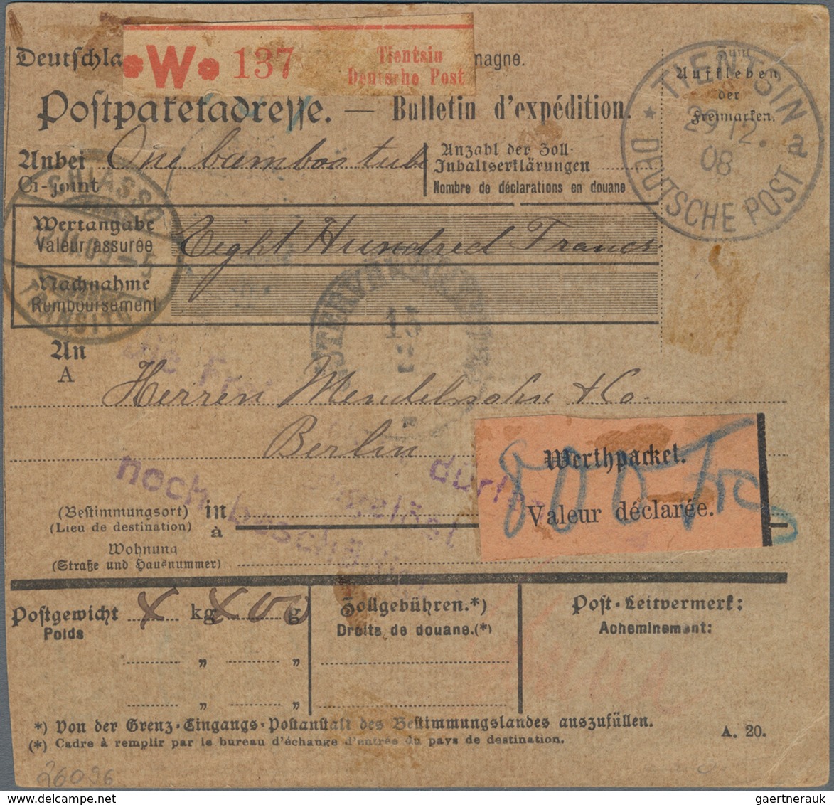 Deutsche Post In China: 1908, Selt. Wertpaketkarte Frank. Mit 3x 2 C. Grün, 2x 20 C. Und 1x 1 $ Auf - China (offices)