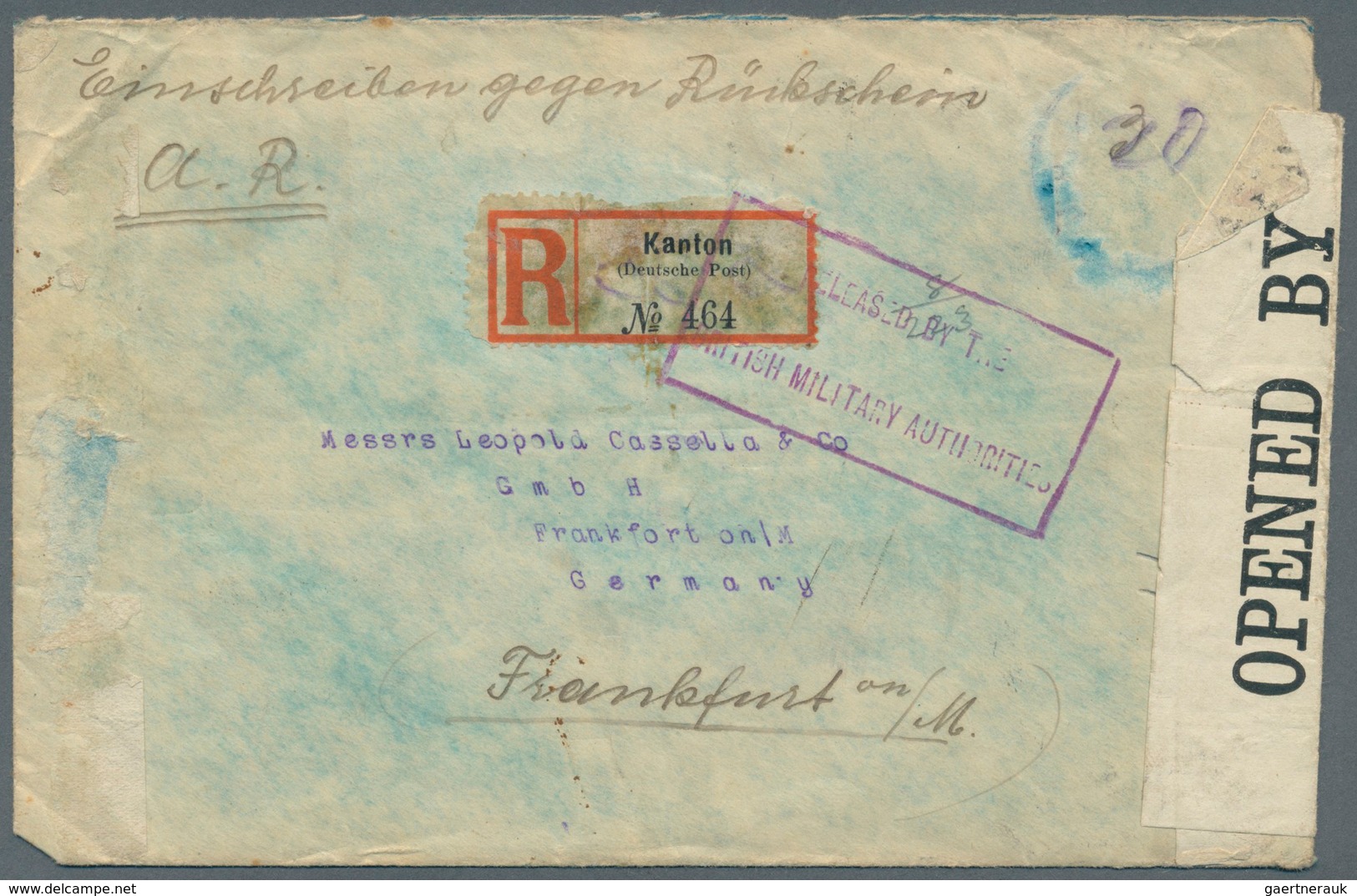 Deutsche Post In China: 1906/1919, 20 C Auf 40 Pf U.a. Rs. Auf Extrem Seltenen Einschreib-Rückschein - Deutsche Post In China