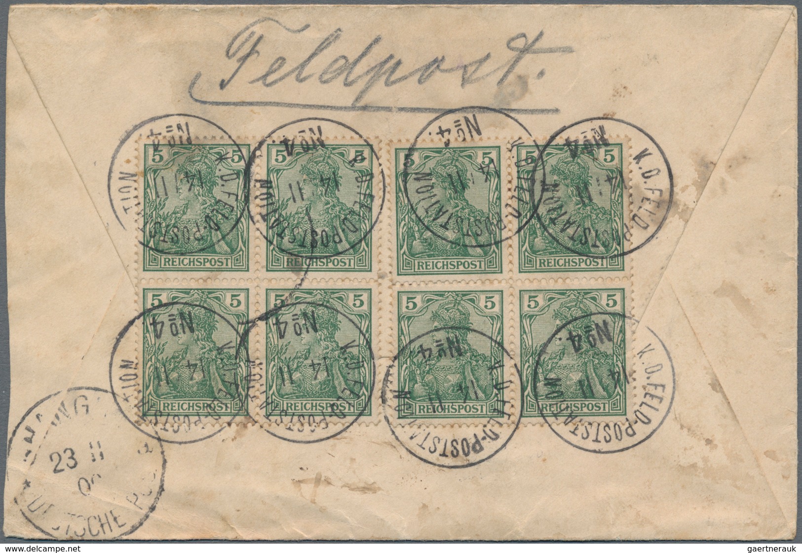 Deutsche Post In China: 1902: 5 Germania Reichspost 2 Tadellose Viererblöcke Mit Klarem Stpl. "K.D.F - China (kantoren)