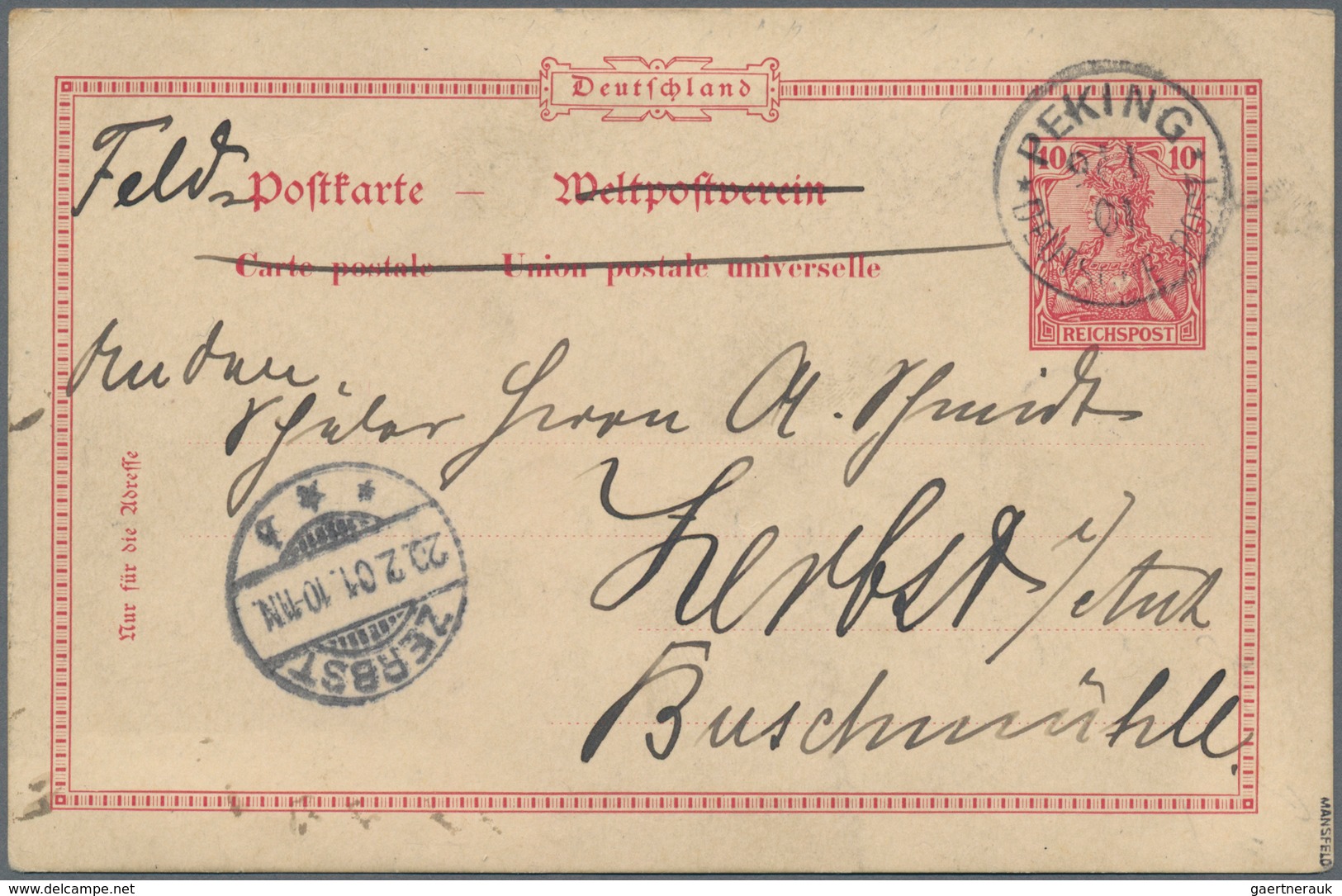 Deutsche Post In China - Ganzsachen: 1901, PETSCHILI: Germania-Reichspost-Ausgabe 10 Pf Mit Stempel - China (kantoren)