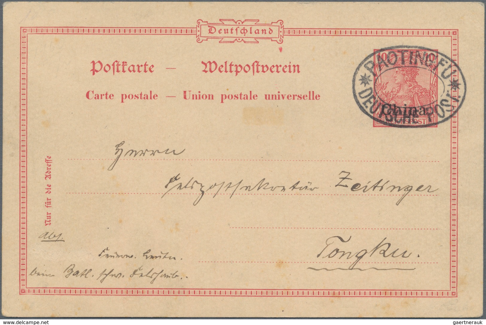 Deutsche Post In China - Ganzsachen: 1901, Gebrauchte Ganzsachenpostkarte Wst. Germania 10 Pfennig R - Deutsche Post In China