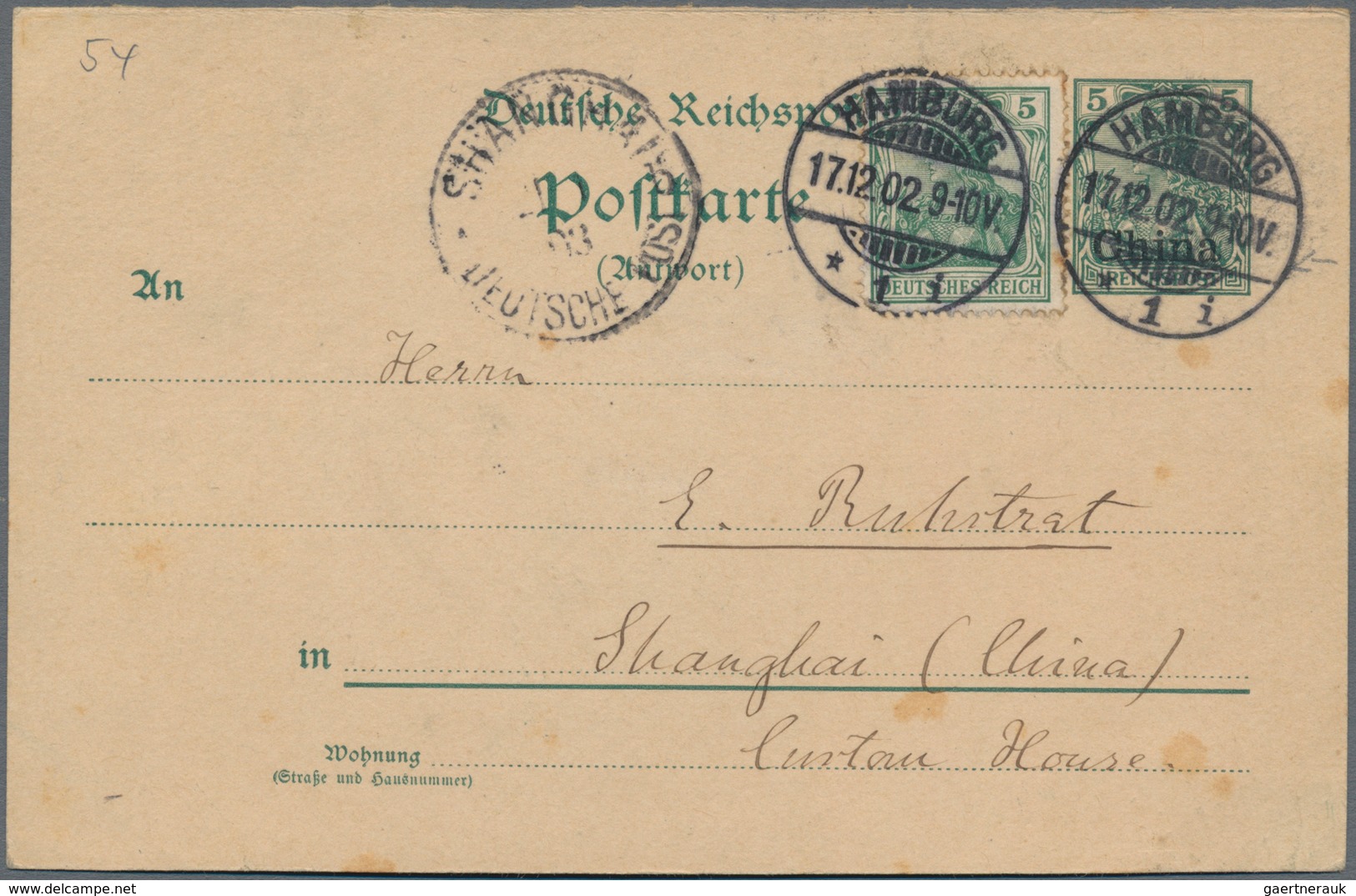Deutsche Post In China - Ganzsachen: 1902 Antwortteil 5 Pf Germania Reichspost Mit Aufdruck "China" - China (kantoren)