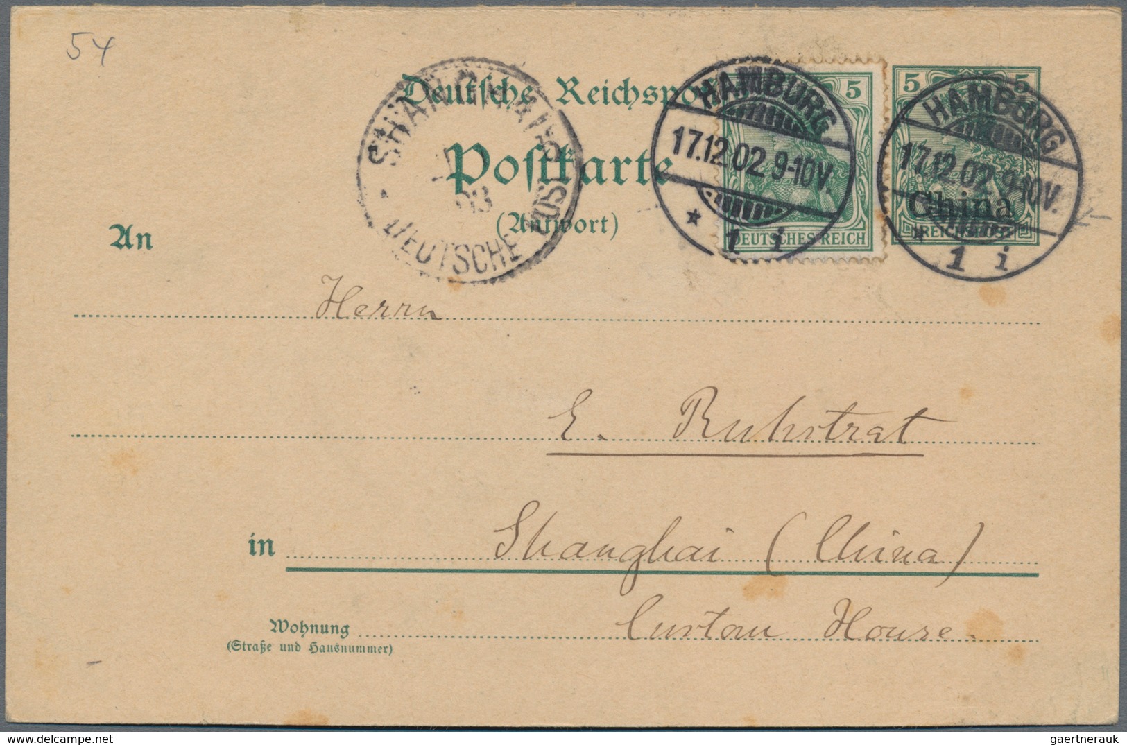 Deutsche Post In China - Ganzsachen: 1902 Antwortteil 5 Pf Germania Reichspost Mit Aufdruck "China" - Deutsche Post In China