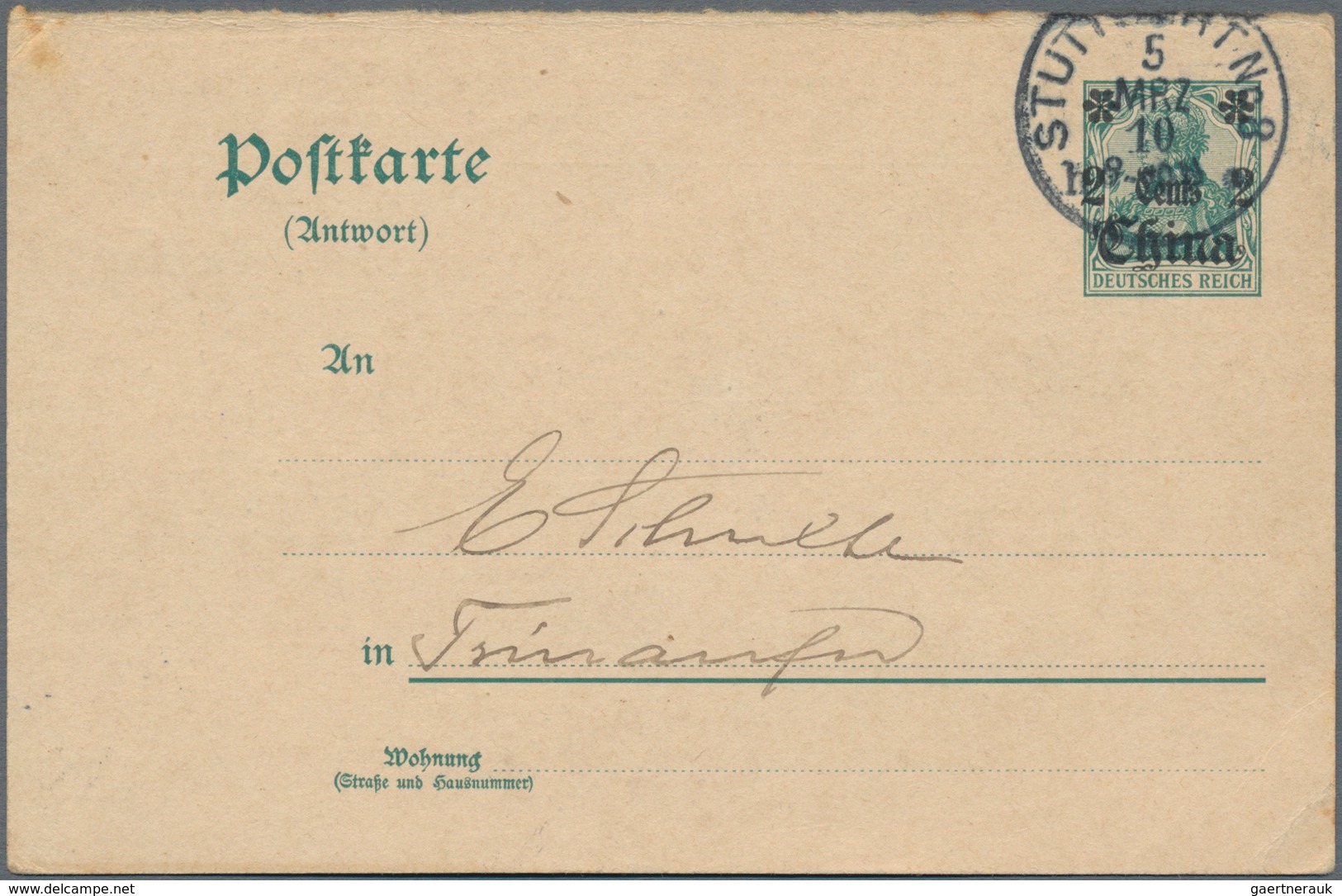 Deutsche Post In China - Ganzsachen: 1910: Antwortteil Mit Aufdruck "2 Cents China" Und Stempel "STU - Deutsche Post In China