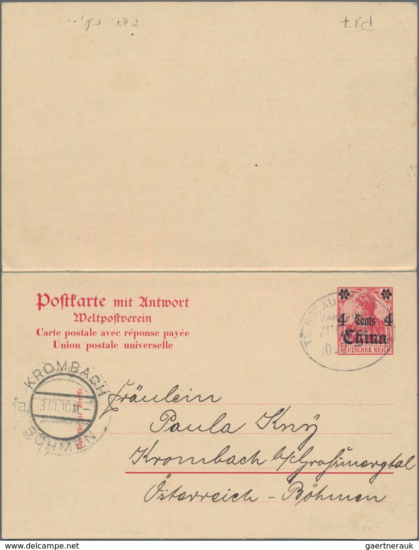 Deutsche Post In China - Ganzsachen: 1910, Gebrauchte Ganzsachenpostkarte Mit Bezahlter Antwort Und - Deutsche Post In China