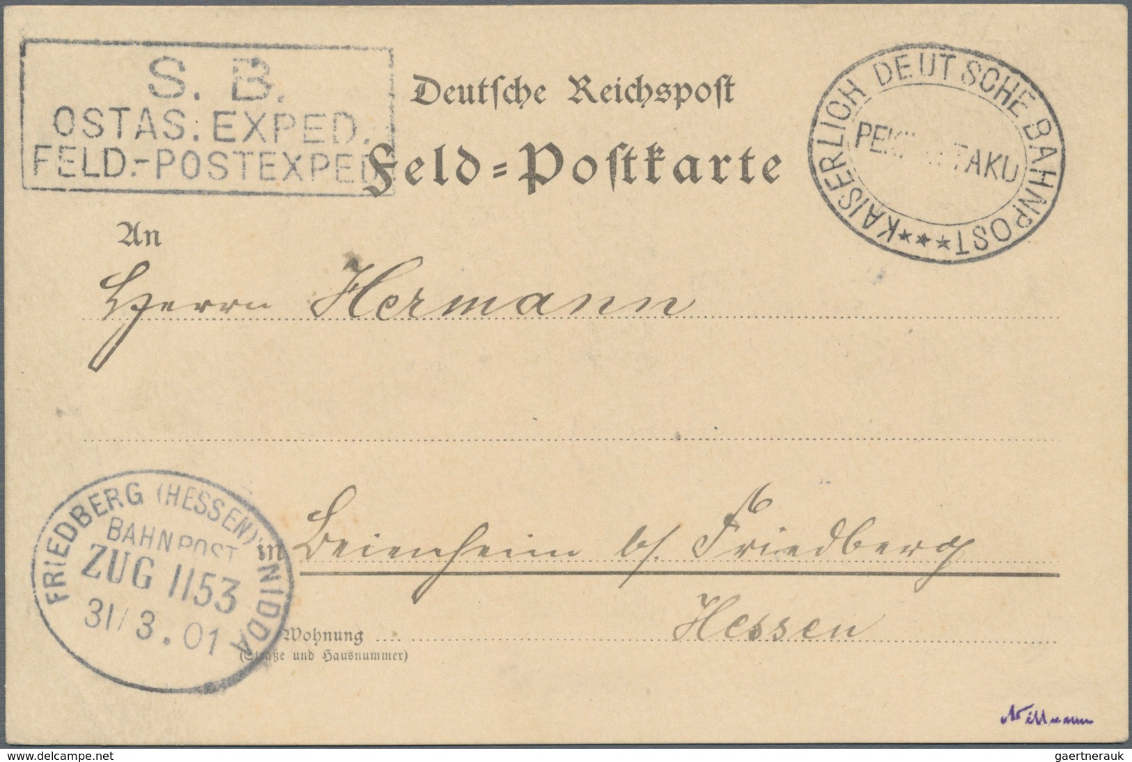 Deutsche Post In China - Stempel: 1901, Formularfeldpostkarte, Kaiserlich-Deutsche Bahnpost Peking - - China (kantoren)