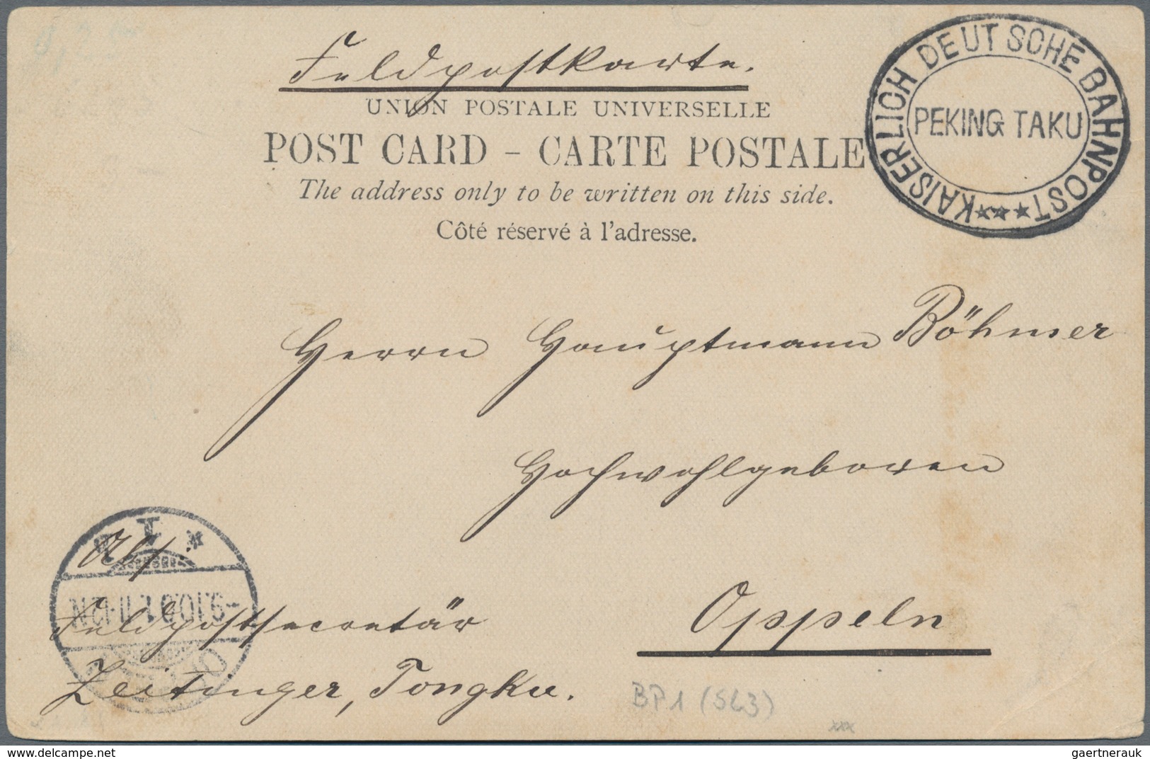 Deutsche Post In China - Stempel: 1901 (25.8.), "KAISERLICH DEUTSCHE BAHNPOST PEKING TAKU ***", Klar - China (kantoren)