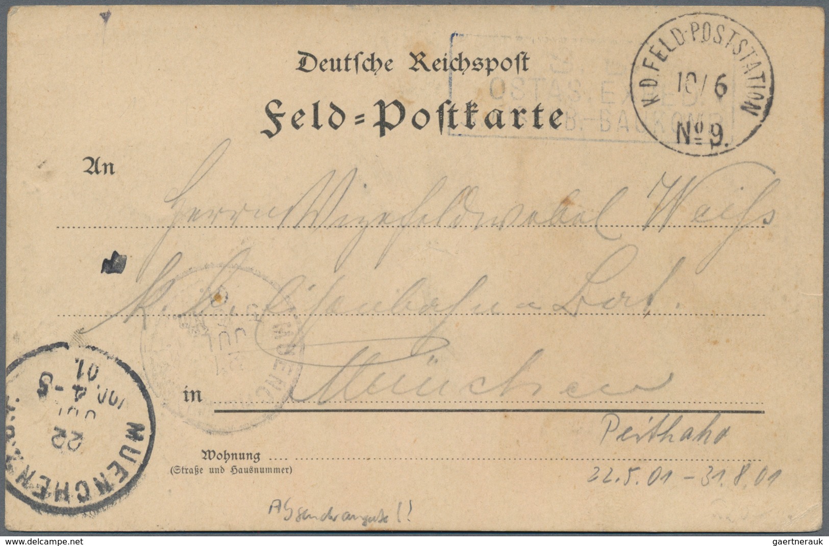Deutsche Post In China - Stempel: 1901: "Feldpoststation Nr. 9 10.6." Auf Feldpostvordruckkarte N. M - China (kantoren)