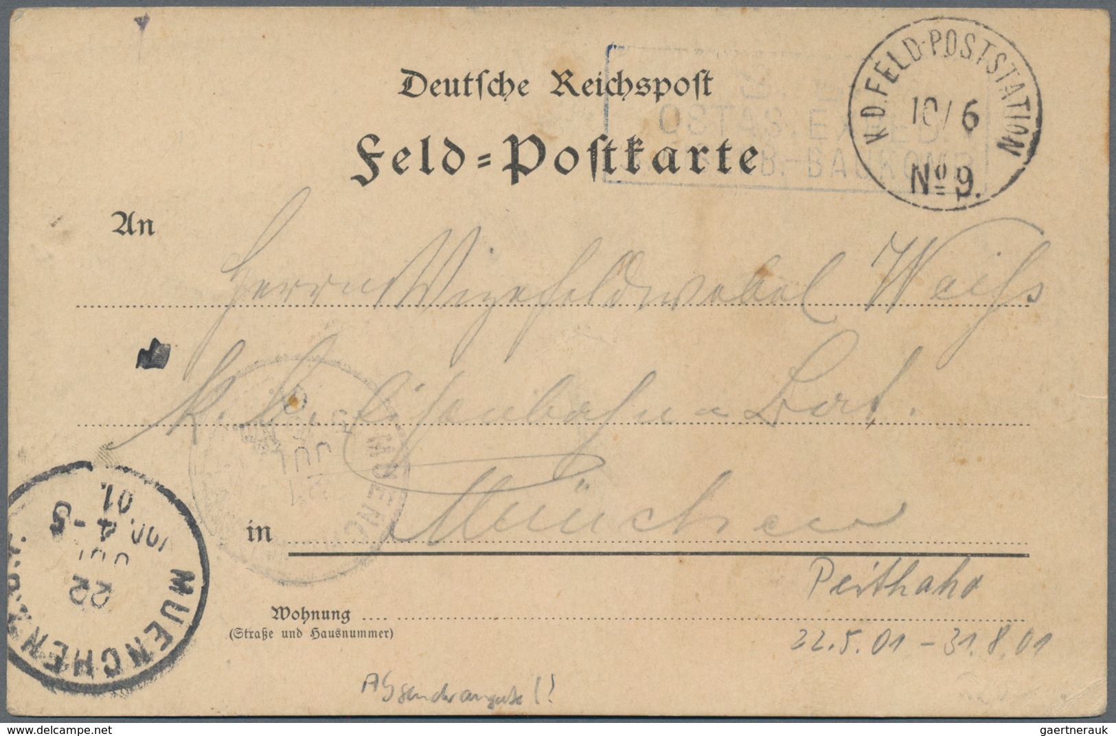 Deutsche Post In China - Stempel: 1901: "Feldpoststation Nr. 9 10.6." Auf Feldpostvordruckkarte N. M - Deutsche Post In China