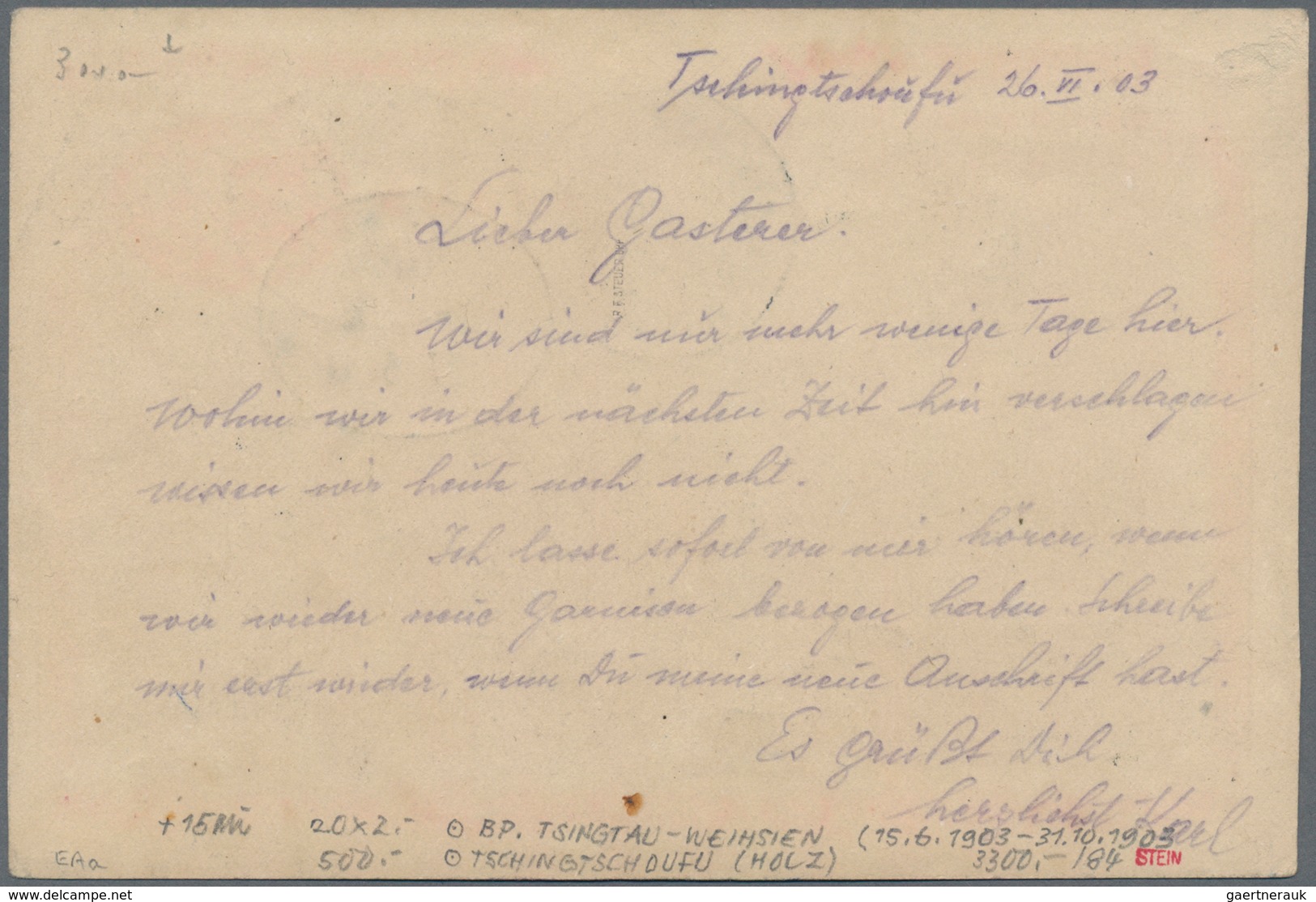 Deutsche Post In China - Stempel: 1903 (27.6.), "TSINGTU-WEIHSIN BAHNPOST ZUG 1" + Nebengesetzter Do - China (kantoren)