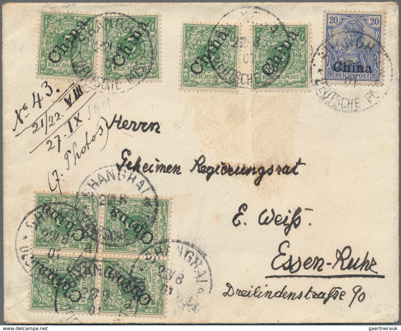 Deutsche Post In China - Besonderheiten: 1901 (22.8.), 8 X 5 Pfg. Steiler Aufdruck In Mischfrankatur - Deutsche Post In China