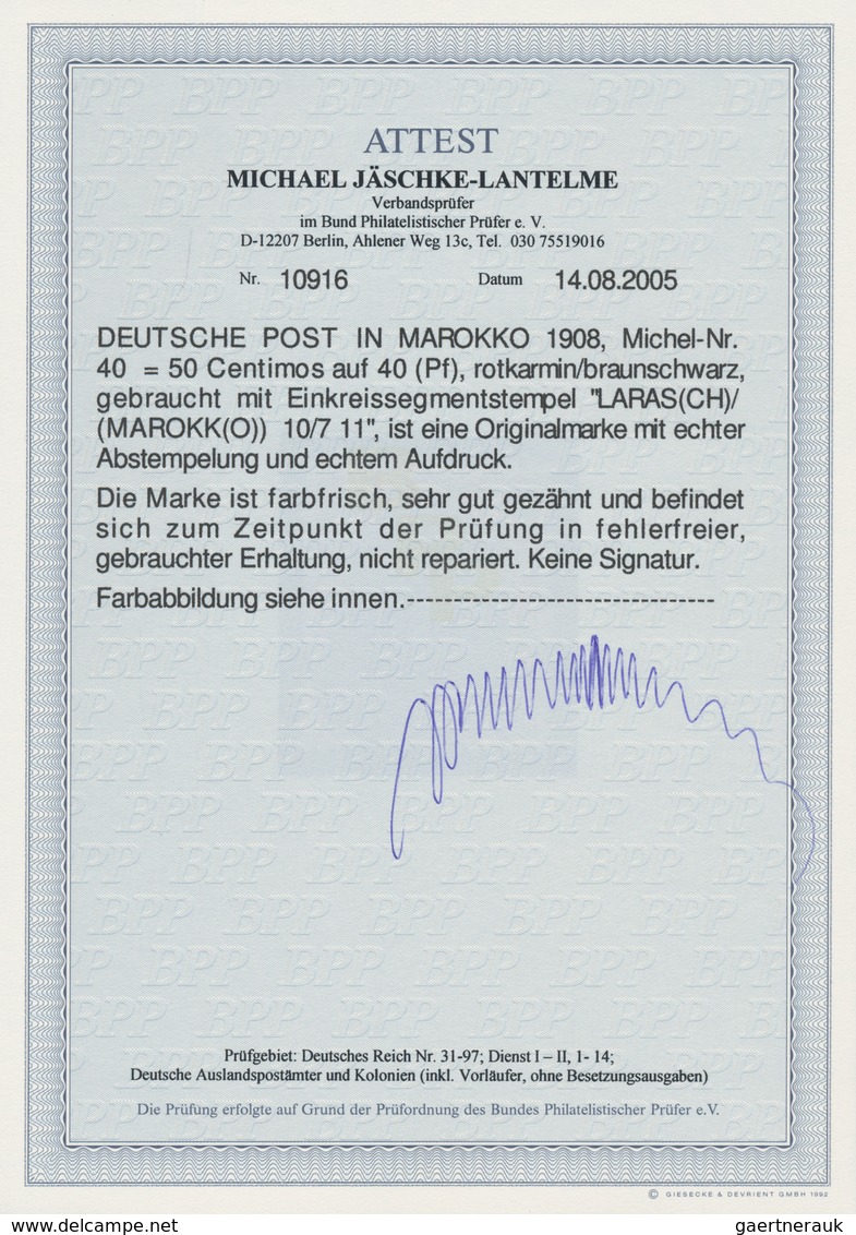 Deutsche Post In Marokko: 1906, 50 C Auf 40 Pf, Dunkelrötlichkarmin/braunschwarz, Entwertet Mit Eink - Deutsche Post In Marokko